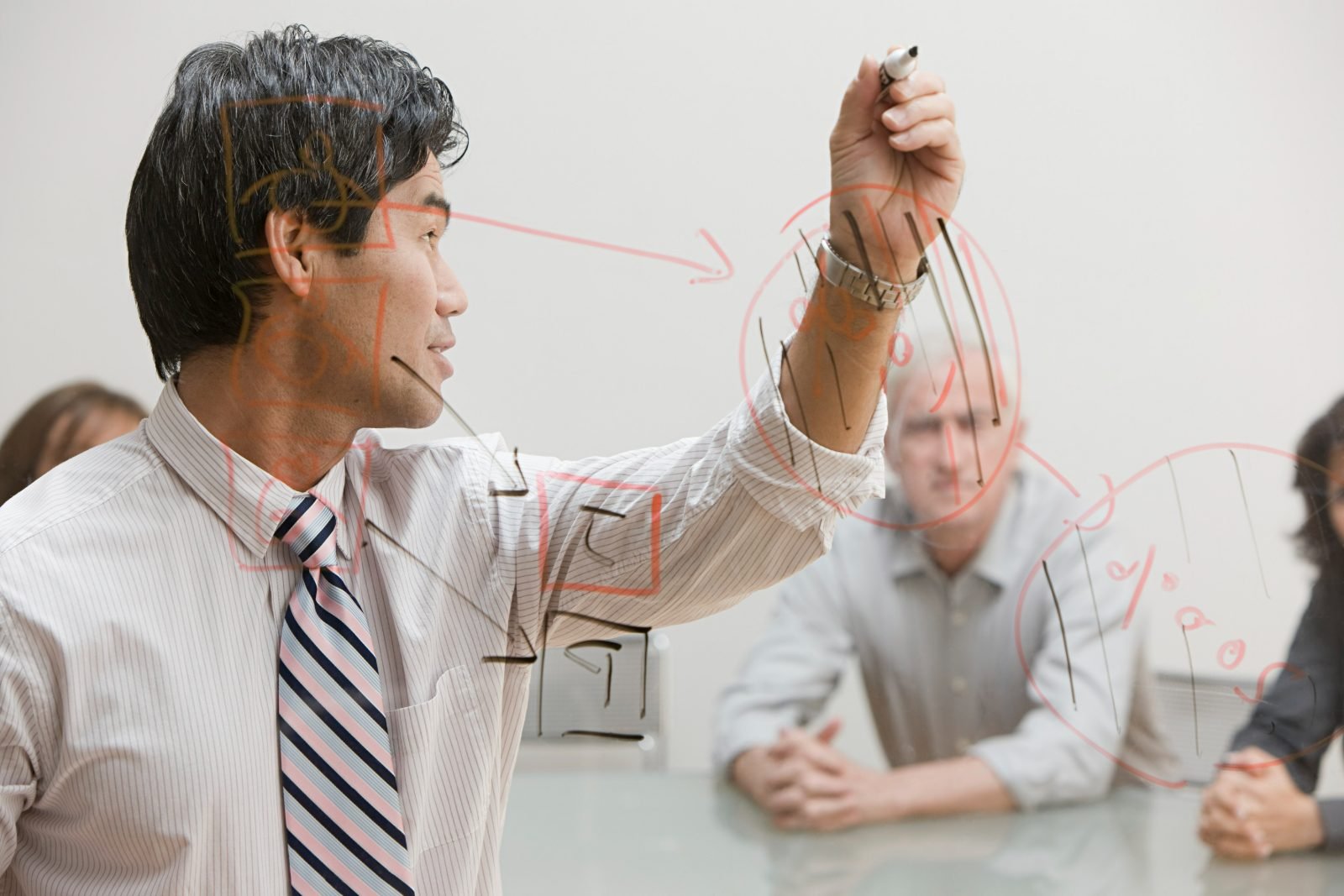 A safety physician working through a benefit-risk question at a glass wall